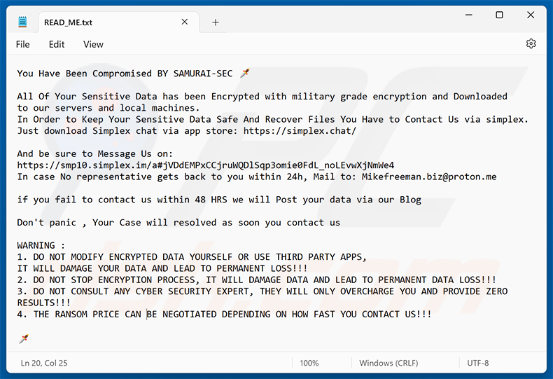 Lösegeldforderung der SAMURAI-SEC-Ransomware (READ_ME.txt)