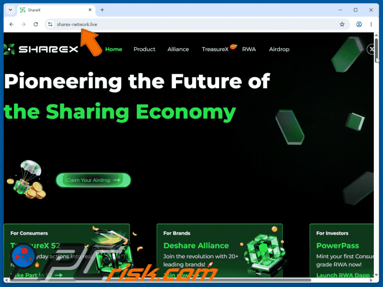 Erscheinungsbild der Betrugsmasche ShareX Airdrop Betrug (GIF)