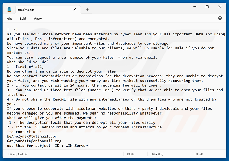 Lösegeldforderung von Zynex Ransomware (readme.txt)