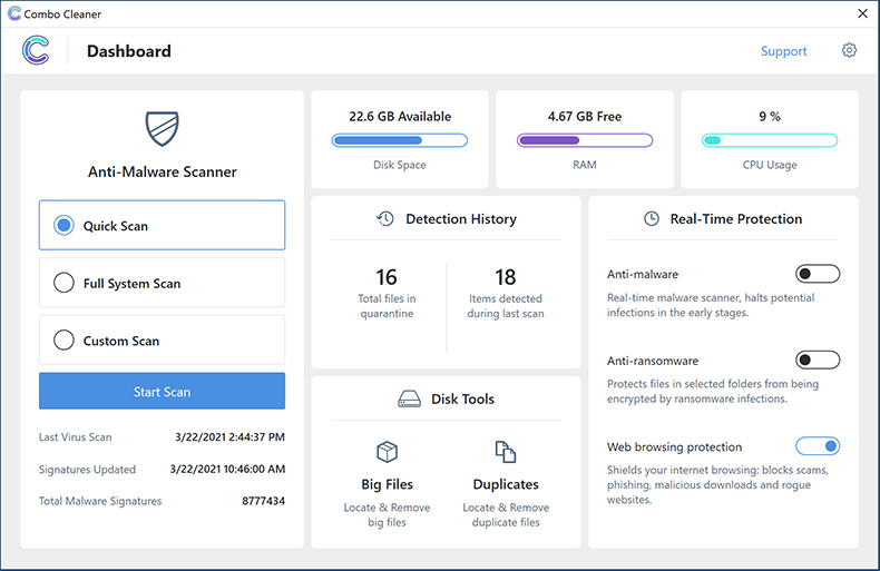 Combo Cleaner for Windows - Hauptbildschirm