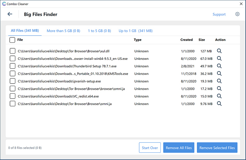 Combo Cleaner für Windows - Finder für große Dateien