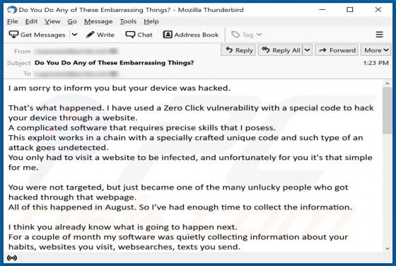 I Am Sorry To Inform You But Your Device Was Hacked E-Mail-Betrug