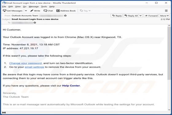 Your Outlook Account Was Logged In E-Mail Betrug