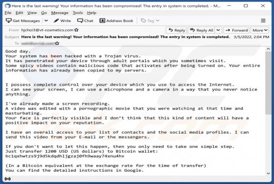 Your System Has Been Hacked With A Trojan Virus E-Mail-Betrug