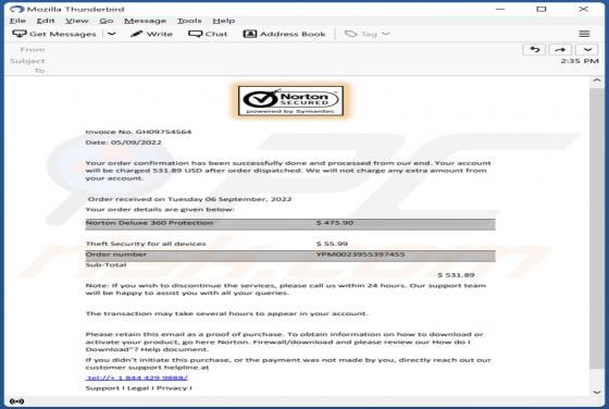 Norton Order Confirmation E-Mail-Betrug
