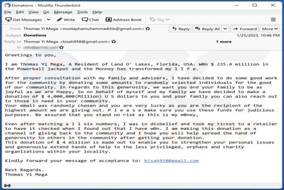 Donation From Lottery Winner E-Mail-Betrug