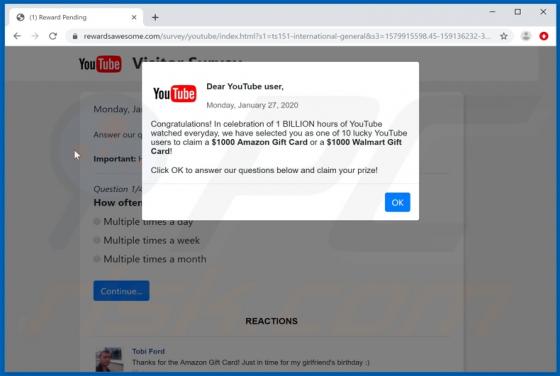 Dear YouTube user, Congratulations! POP-UP Betrug