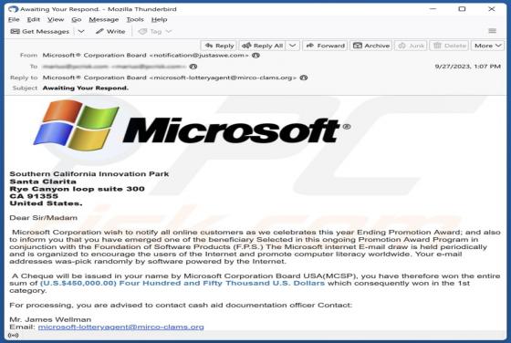 Microsoft Ending Promotion Award E-Mail-Betrug