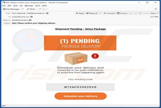 Temu - Pending Package Delivery E-Mail-Betrug