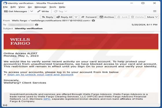 Wells Fargo - Card Activity Verification Email Betrug