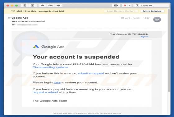 Google Ads - Your Account Is Suspended Email Betrug