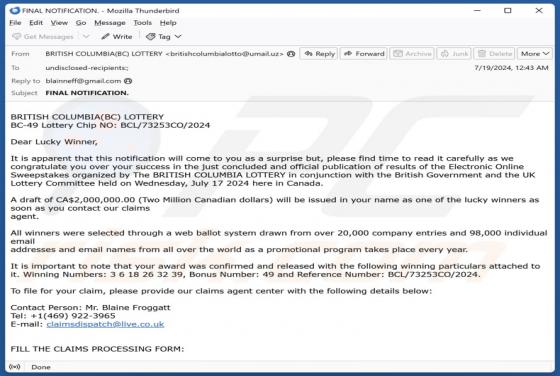 British Columbia Lottery Email Betrug