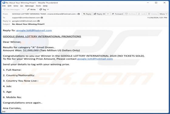 Google Email Lottery International Promotions Betrug