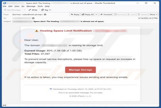 Hosting Space Limit Notification Email Betrug