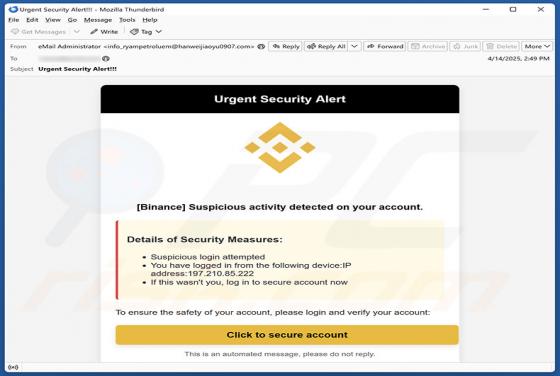 Binance - Urgent Security Alert Email Betrug