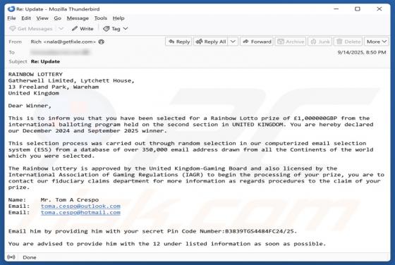 Rainbow Lottery Email Betrug