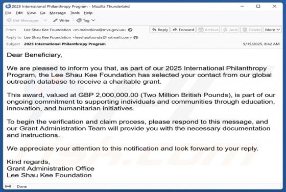 International Philanthropy Program Email Betrug