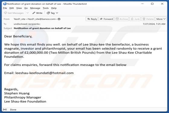 Lee Shau-Kee Charitable Foundation Email Betrug
