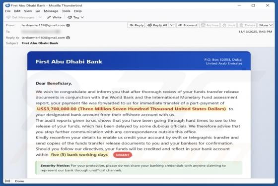 First Abu Dhabi Bank - Funds Transfer Documents Email Betrug