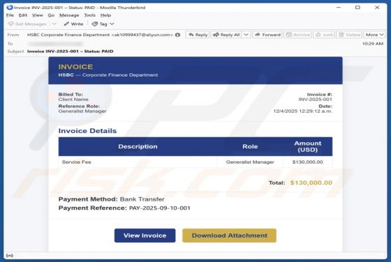 HSBC - Invoice Details Email Betrug