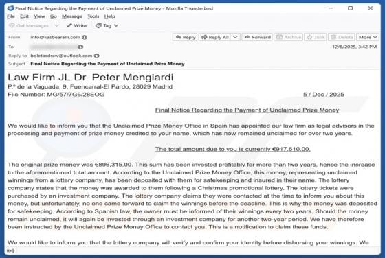Unclaimed Prize Money Email Betrug