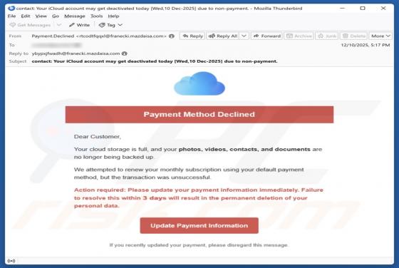 iCloud Payment Method Declined Email Betrug