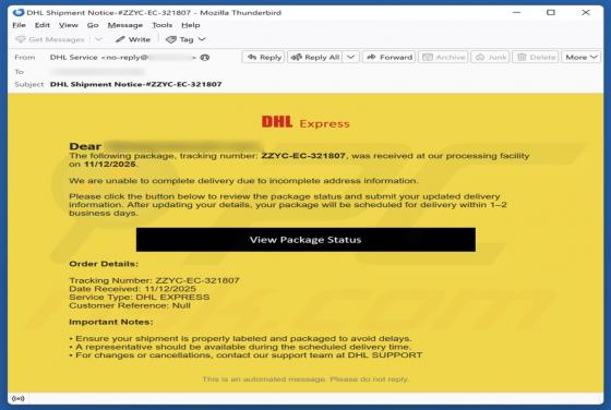 DHL Express - Incomplete Address Information Email Betrug