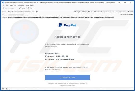 PayPal - Access From A New Device E-Mail-Betrug