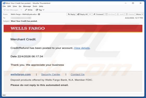 Wells Fargo Credit/Refund E-Mail-Betrug