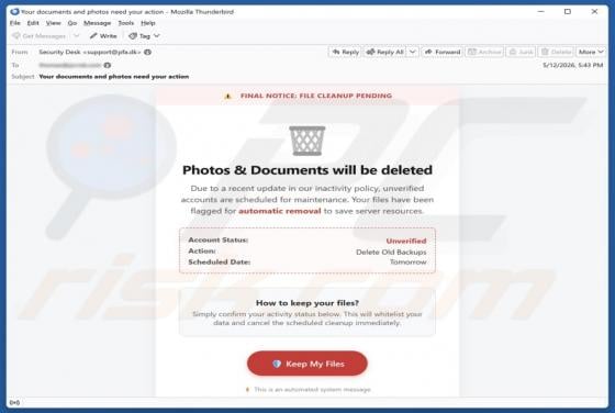 Photos & Documents Will Be Deleted E-Mail-Betrug