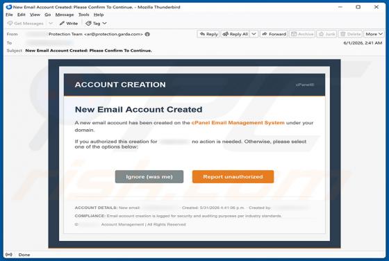 cPanel Account Creation E-Mail-Betrug