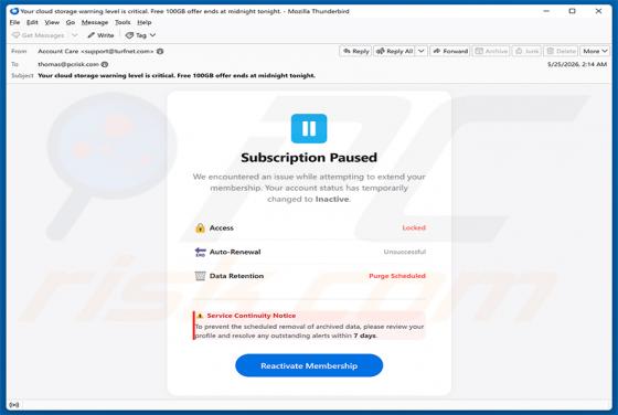 Cloud Subscription Paused E-Mail-Betrug