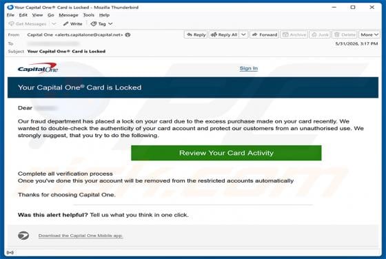 Capital One Card Is Locked E-Mail-Betrug