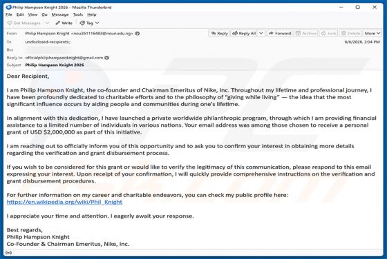 Private Worldwide Philanthropic Program E-Mail-Betrug