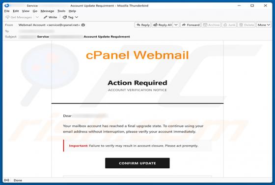 cPanel Final Account Upgrade State E-Mail-Betrug