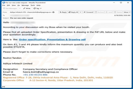 Order Specification, Presentation & Drawing E-Mail-Betrug