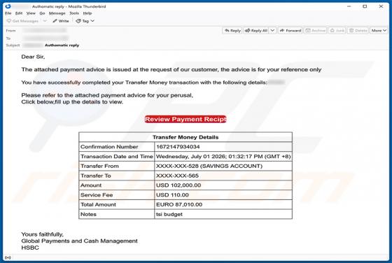 HSBC Money Transfer Completed E-Mail-Betrug