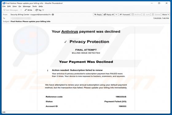 Your Antivirus Payment Was Declined E-Mail-Betrug