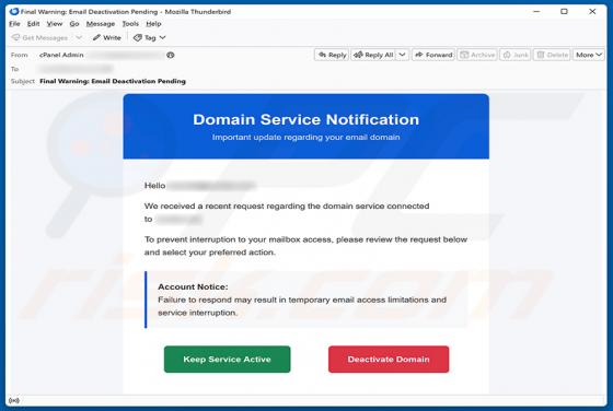 Domain Service Deactivation E-Mail-Betrug