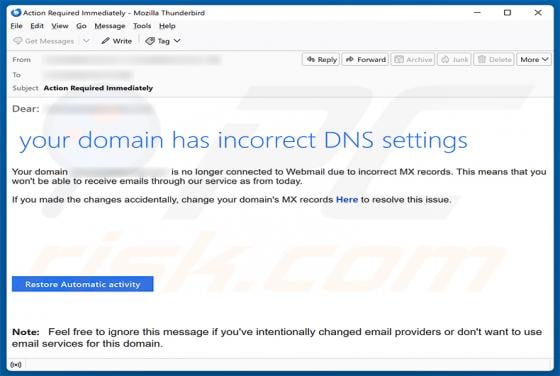 Your Domain Has Incorrect DNS Settings E-Mail-Betrug