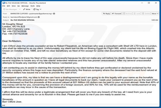 Assistance In Claiming The Money E-Mail-Betrug