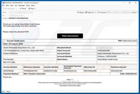 GreenState Credit Union Transfer Received E-Mail-Betrug