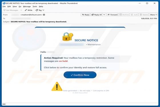 Secure Notice - Mailbox Has A temporary Restriction E-Mail-Betrug