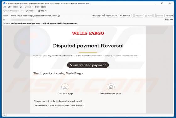 Wells Fargo - Disputed Payment Reversal E-Mail-Betrug