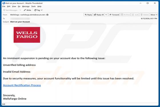 Wells Fargo - Pending Account Suspension E-Mail-Betrug