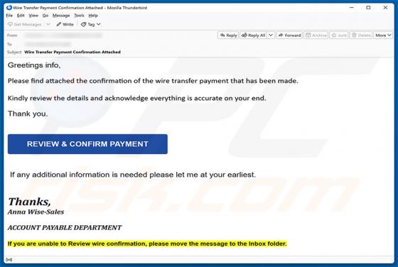 Wire Transfer Payment Confirmation E-Mail-Betrug