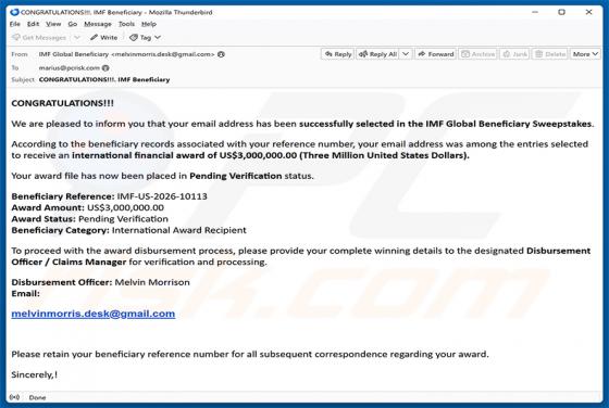 IMF Global Beneficiary Sweepstakes E-Mail-Betrug