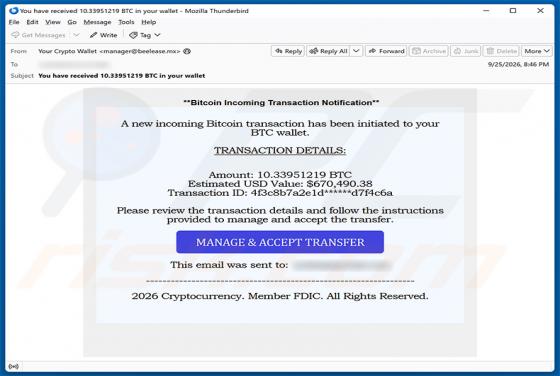 Incoming Bitcoin Transaction E-Mail-Betrug