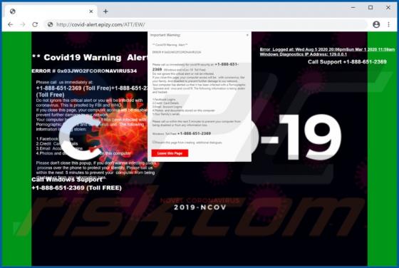 Covid19 Warning Alert POP-UP Betrug